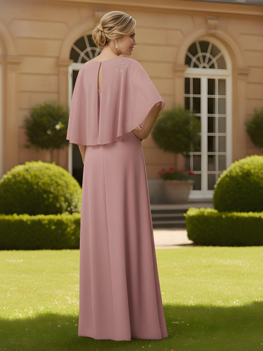 Dusty rose A-line floor-length gown with draped chiffon cape sleeves, open back
