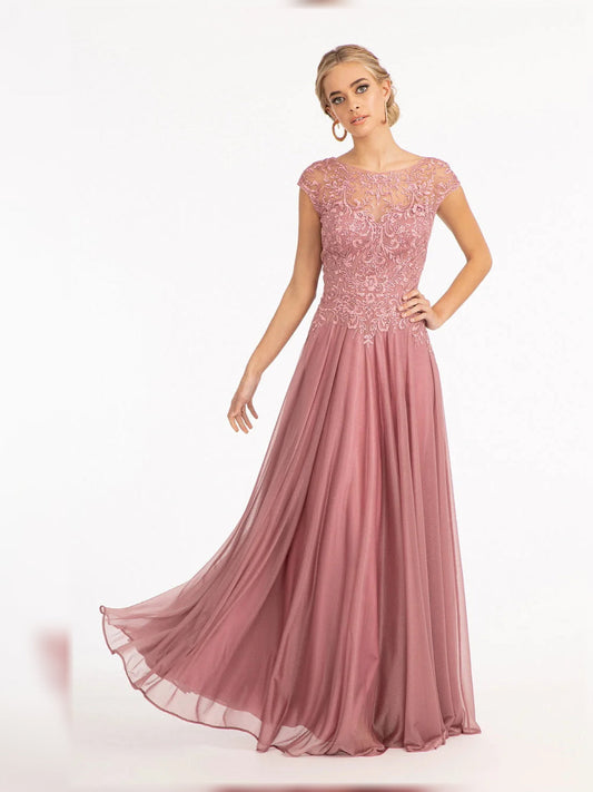 Dusty rose beaded embroidered V-neck A-line floor-length dress with cap sleeves