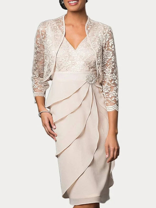 Cream V-neck fit-and-flare dress with lace 3/4 sleeves and layered ruffle detail at waist