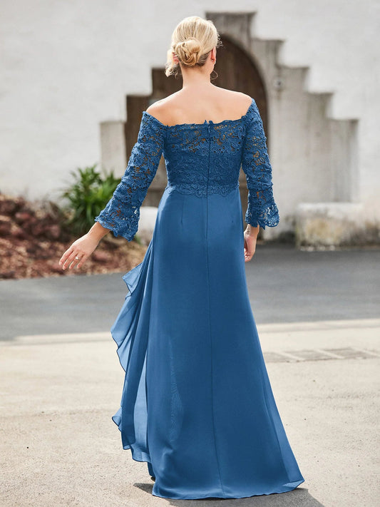 Ink blue off-shoulder lace sheath dress with long sleeves and flowing chiffon panels