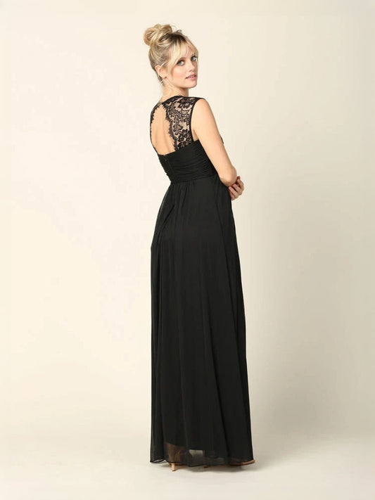 Black chiffon A-line maxi dress with lace illusion back and sleeveless sweetheart bodice