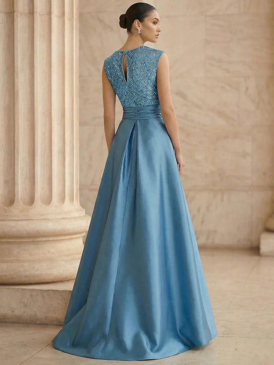 Dusty blue sleeveless sequin A-line formal dress with V-back detail and high slit