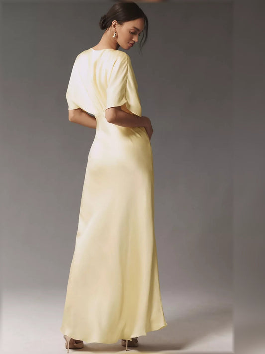 Pale lemon satin V-neck column maxi dress, short batwing sleeves, side view
