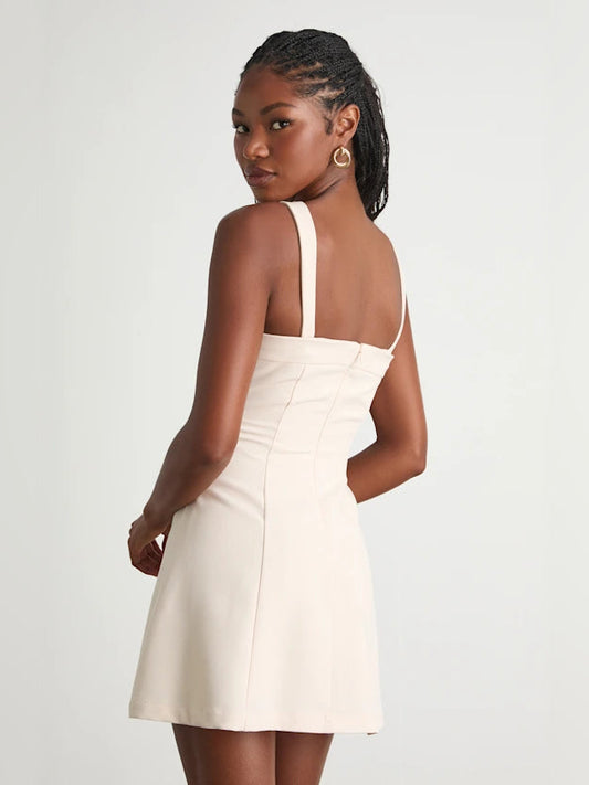 Cream A-line mini dress with square back and thin shoulder straps