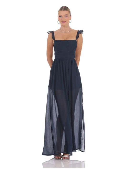 Navy chiffon A-line maxi dress with square neckline and ruffled shoulder ties