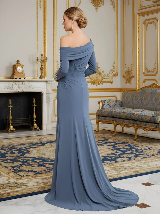 Slate blue off-shoulder mermaid gown, side view with draped neckline and ruched waist