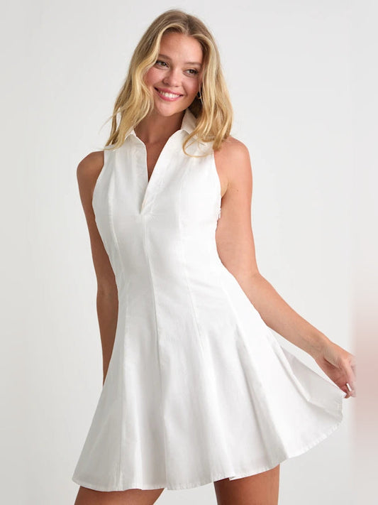 White collared V-neck sleeveless A-line mini homecoming dress