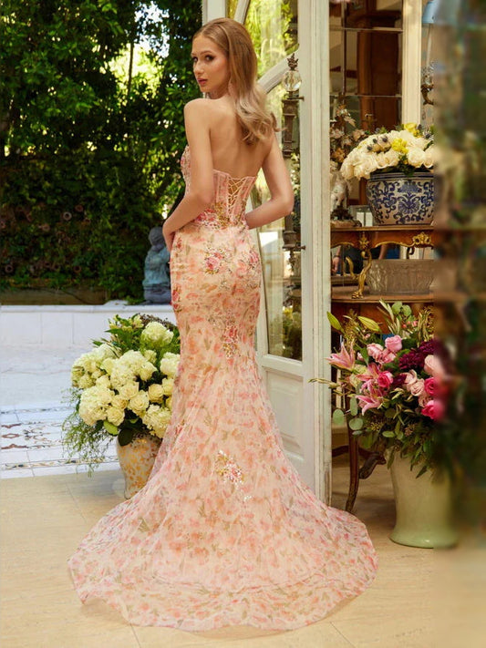 Peach floral mermaid prom dress, side view with sweetheart neckline and long hem