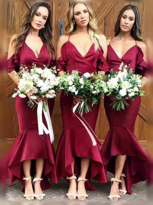 Burgundy V-neck mermaid bridesmaid dresses with off-shoulder ruffle sleeves, full length