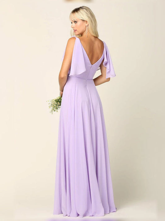 Lilac chiffon maxi bridesmaid dress with V-back and A-line skirt, flutter sleeve detail