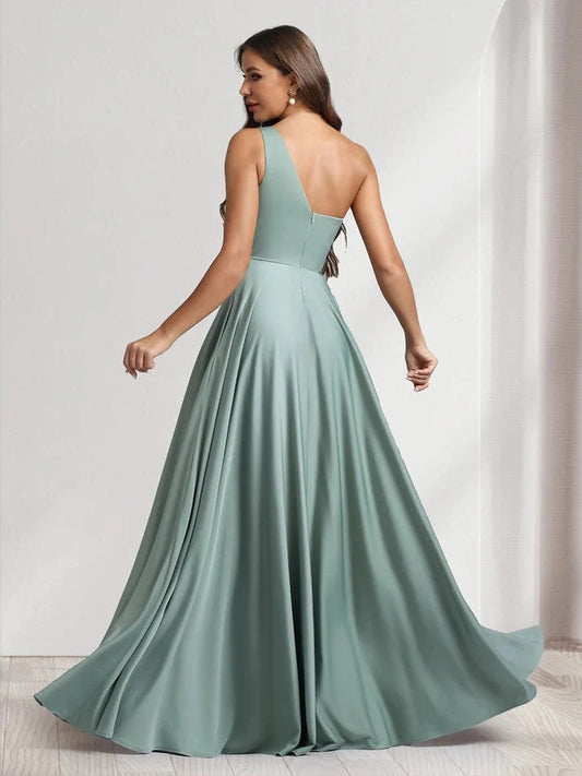 Dusty sage one-shoulder A-line prom dress, open back, floor-length satin skirt