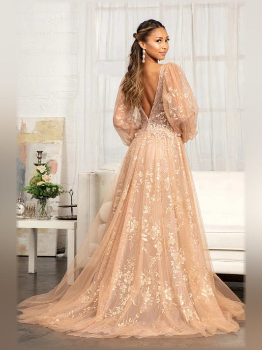 Champagne floral sequin A-line V-neck gown with sheer puff sleeves and long skirt