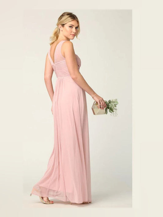 Blush pink chiffon A-line maxi bridesmaid dress with sleeveless illusion neckline.