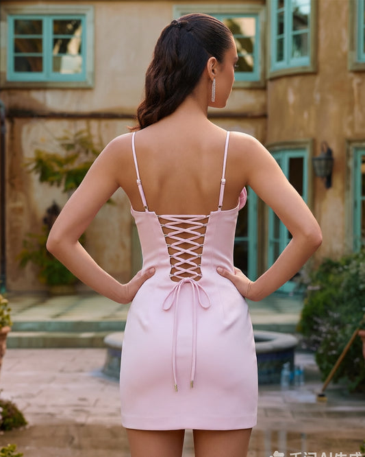 blush pink one-shoulder 3D rosette satin sheath homecoming dress - back view