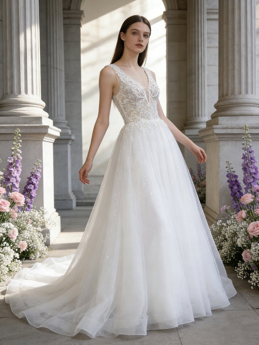 sleeveless V-neck tulle wedding dress with lace bodice and full skirt - image 2