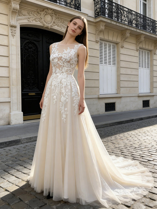 long sleeve lace A-line wedding dress with illusion neckline - image 2