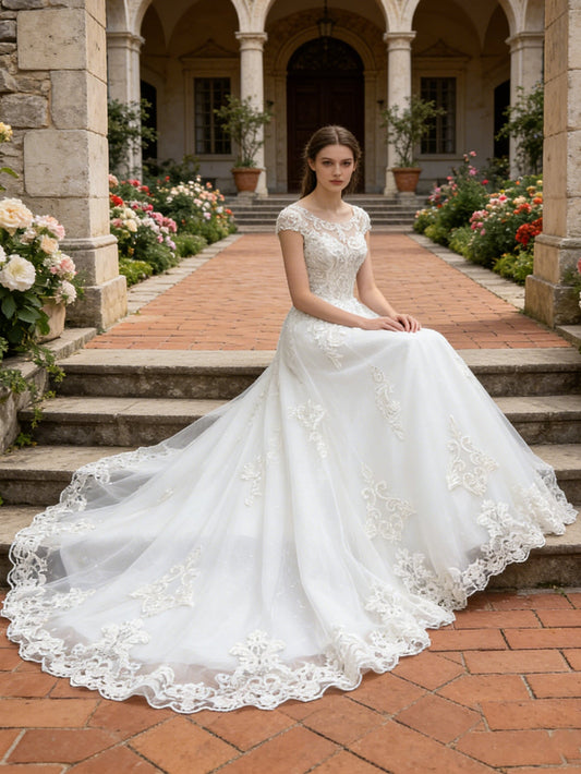off shoulder lace A-line wedding dress with floral applique train - image 2