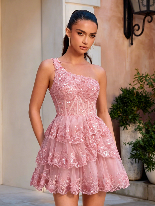 One Shoulder Sequin Lace Corset Tiered Homecoming Dress