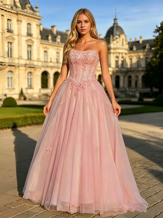 Strapless Lace Corset Ball Gown with Tulle A-Line Dress