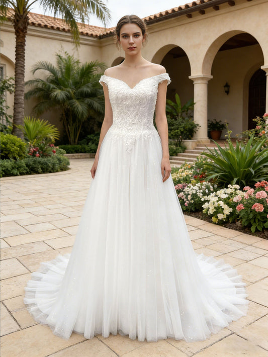 Off Shoulder Lace Tulle A-Line Wedding Dress with Sweetheart Bodice