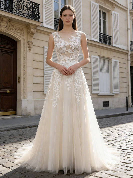 Long Sleeve Lace A-Line Wedding Dress with Illusion Neckline