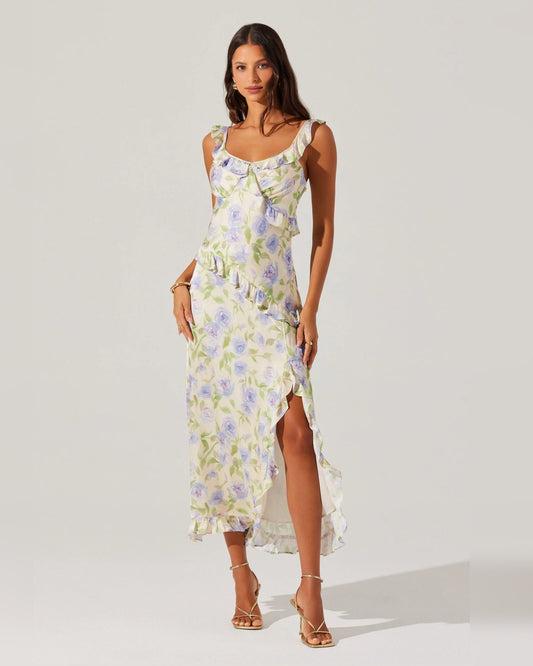 Ruffle Spaghetti Strap A-Line Midi Formal Dress for Formal Dance