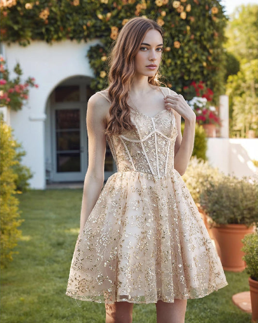 Champagne short A-line homecoming dress with glitter embroidered mesh bodice