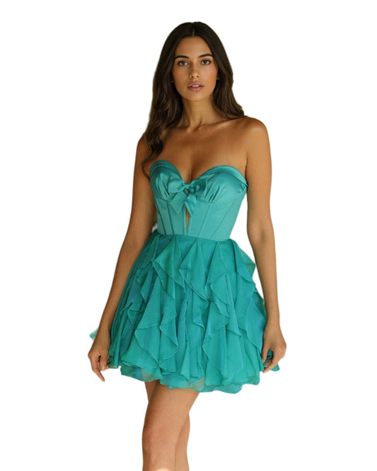 Strapless Bow Sweetheart Corset Tiered Ruffle Mini Homecoming Dress