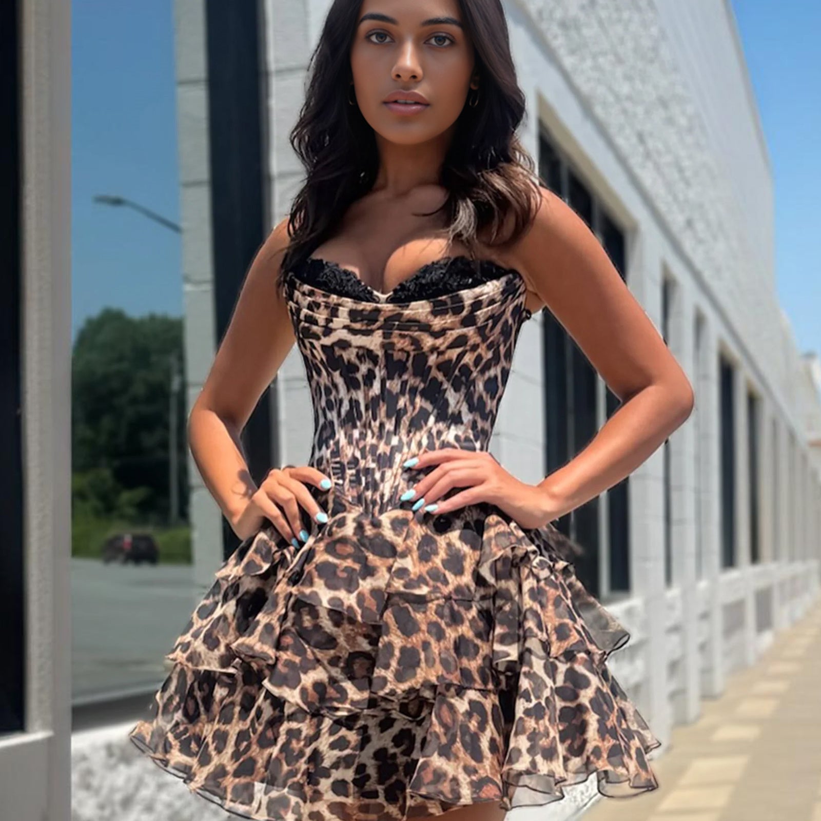 Leopard Print Party Dress with Tiered Ruffle Skirt – Qizowee
