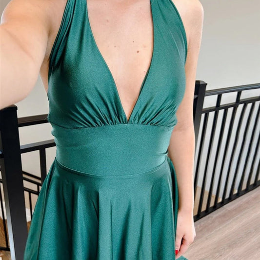 Green satin short homecoming dress, halter plunging V-neck, ruched waist, A-line skirt