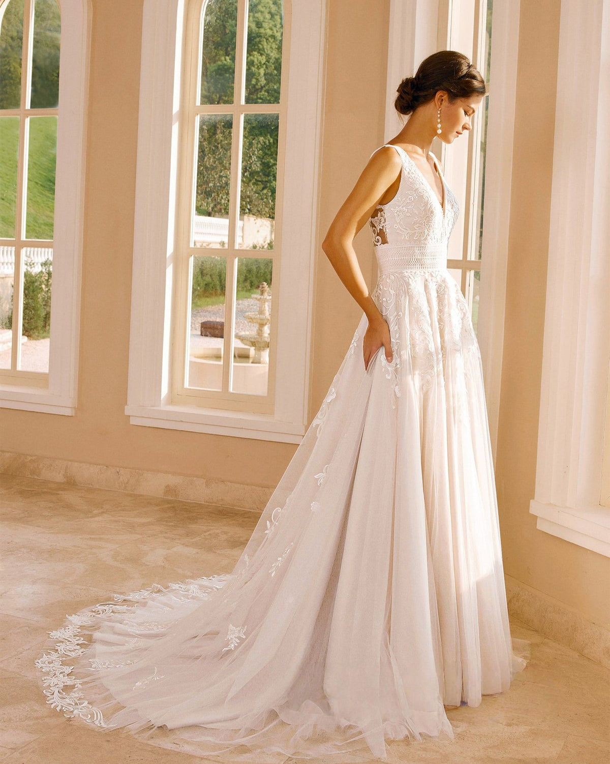 sleeveless v-neck lace tulle chapel train wedding dress - image 1