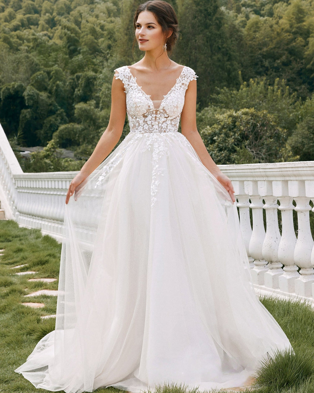 sleeveless v-neck lace tulle a-line wedding dress - image 1