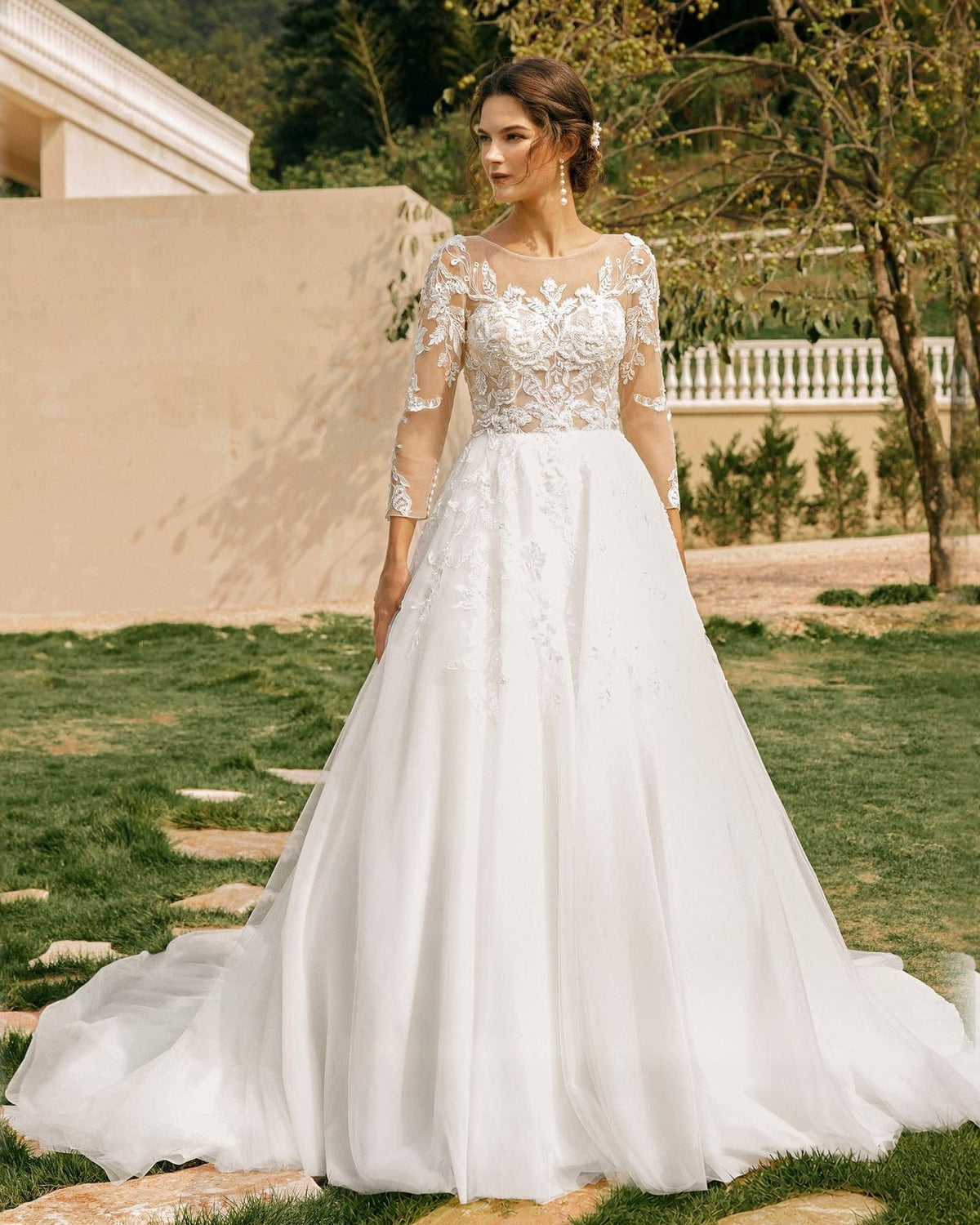 bateau neck lace sleeve tulle a-line wedding dress - image 1