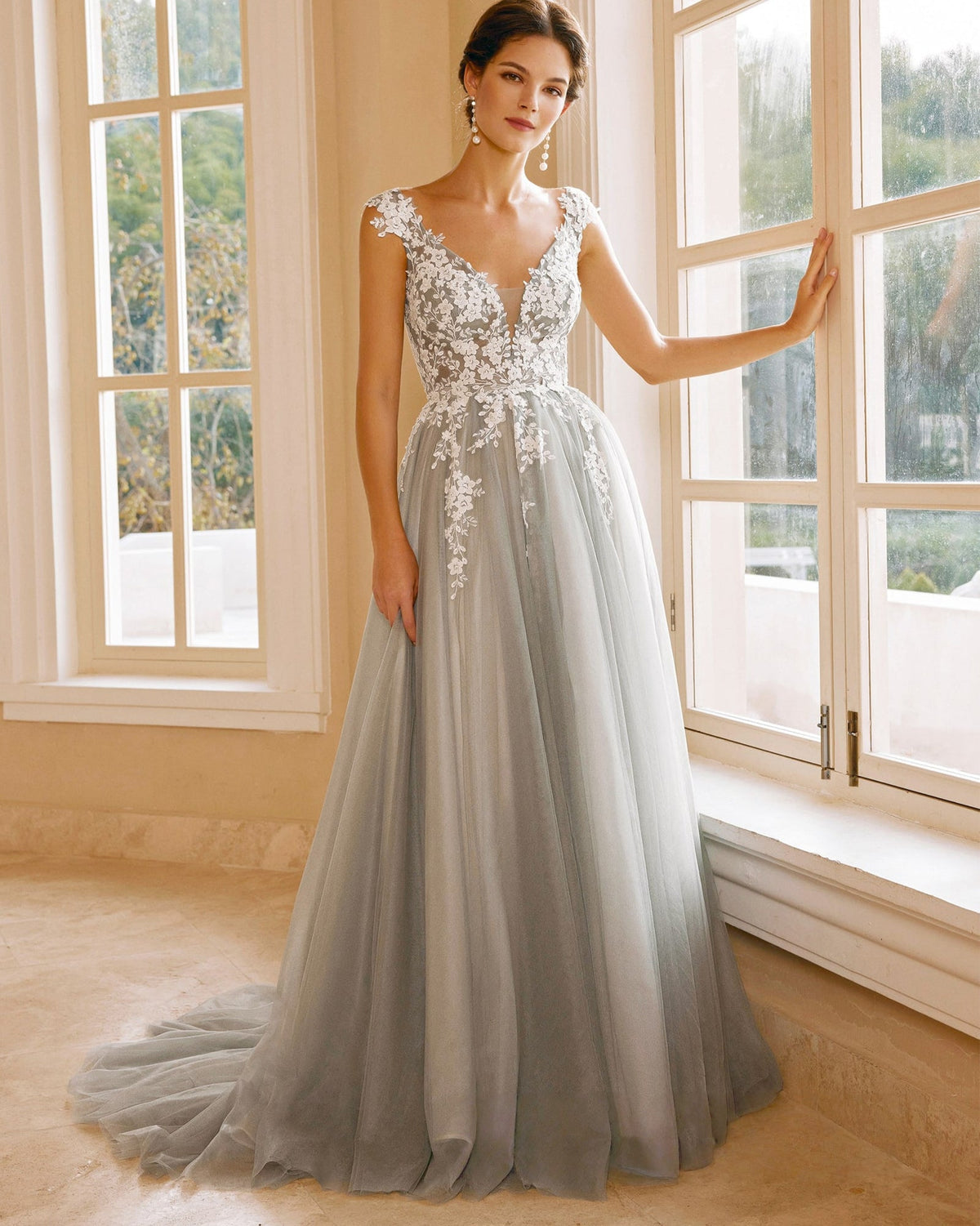 cap sleeve v-neck lace applique a-line wedding dress - image 1