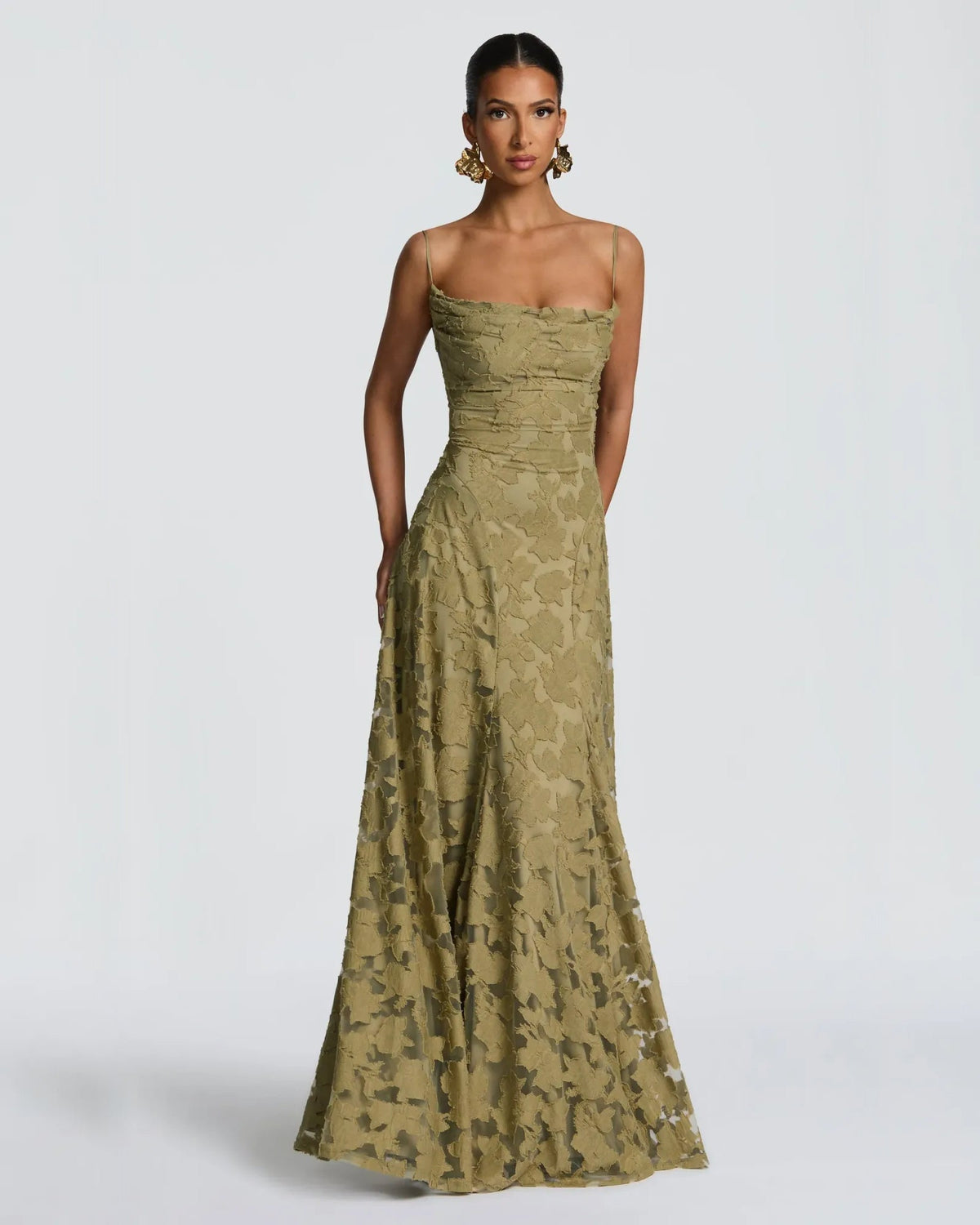 Olive floral lace A-line formal dress with fitted bodice and flared skirt