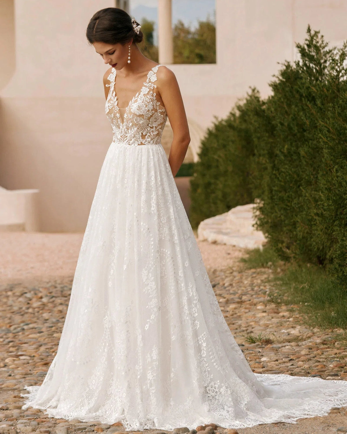 plunging v-neck lace embroidered a-line wedding dress - image 1