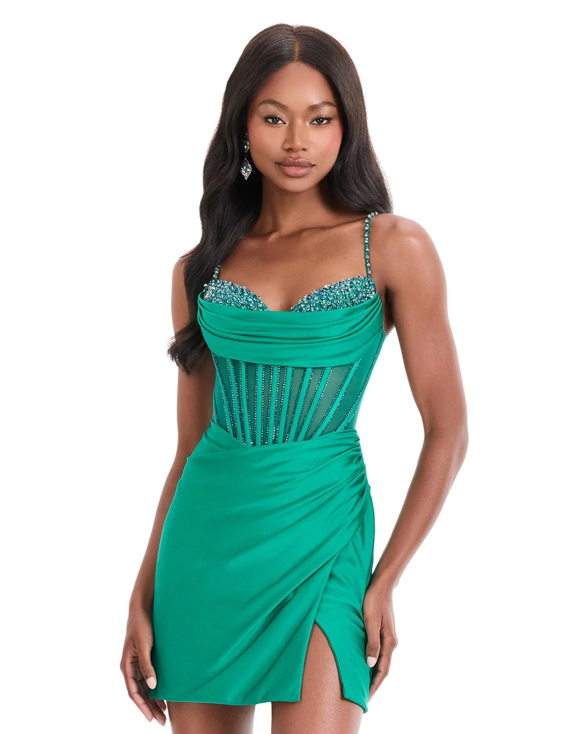 Beaded corset satin mini homecoming dress in emerald green with draped skirt and rhinestone trim