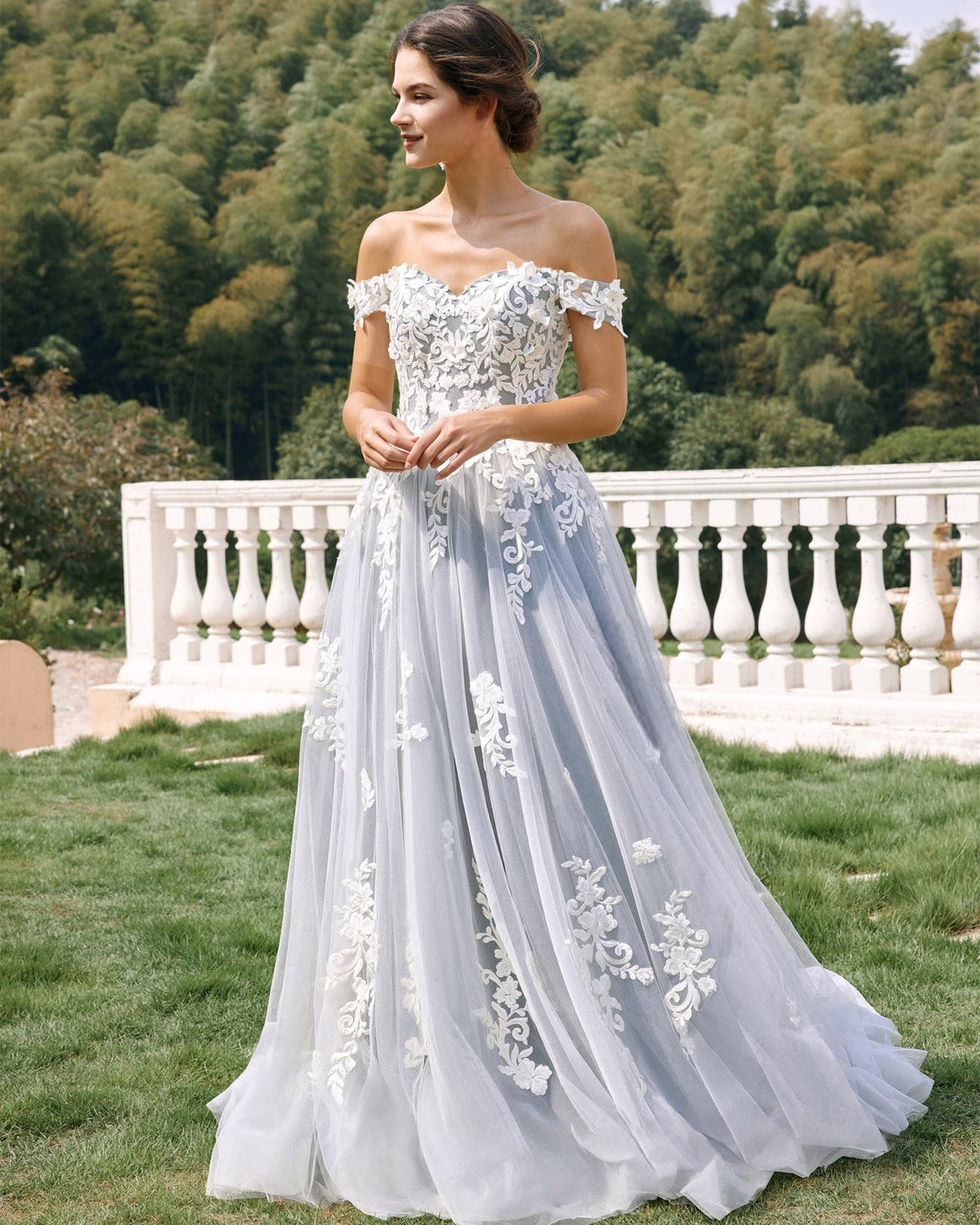 off-shoulder lace applique tulle ball gown wedding dress - image 1