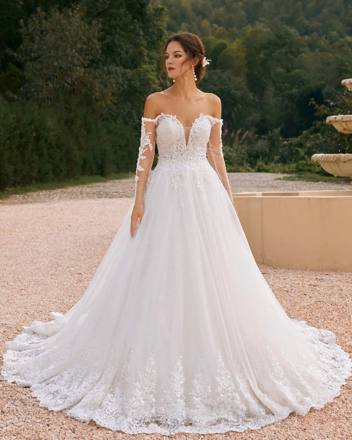 off-shoulder lace sleeve tulle wedding ball gown - image 1
