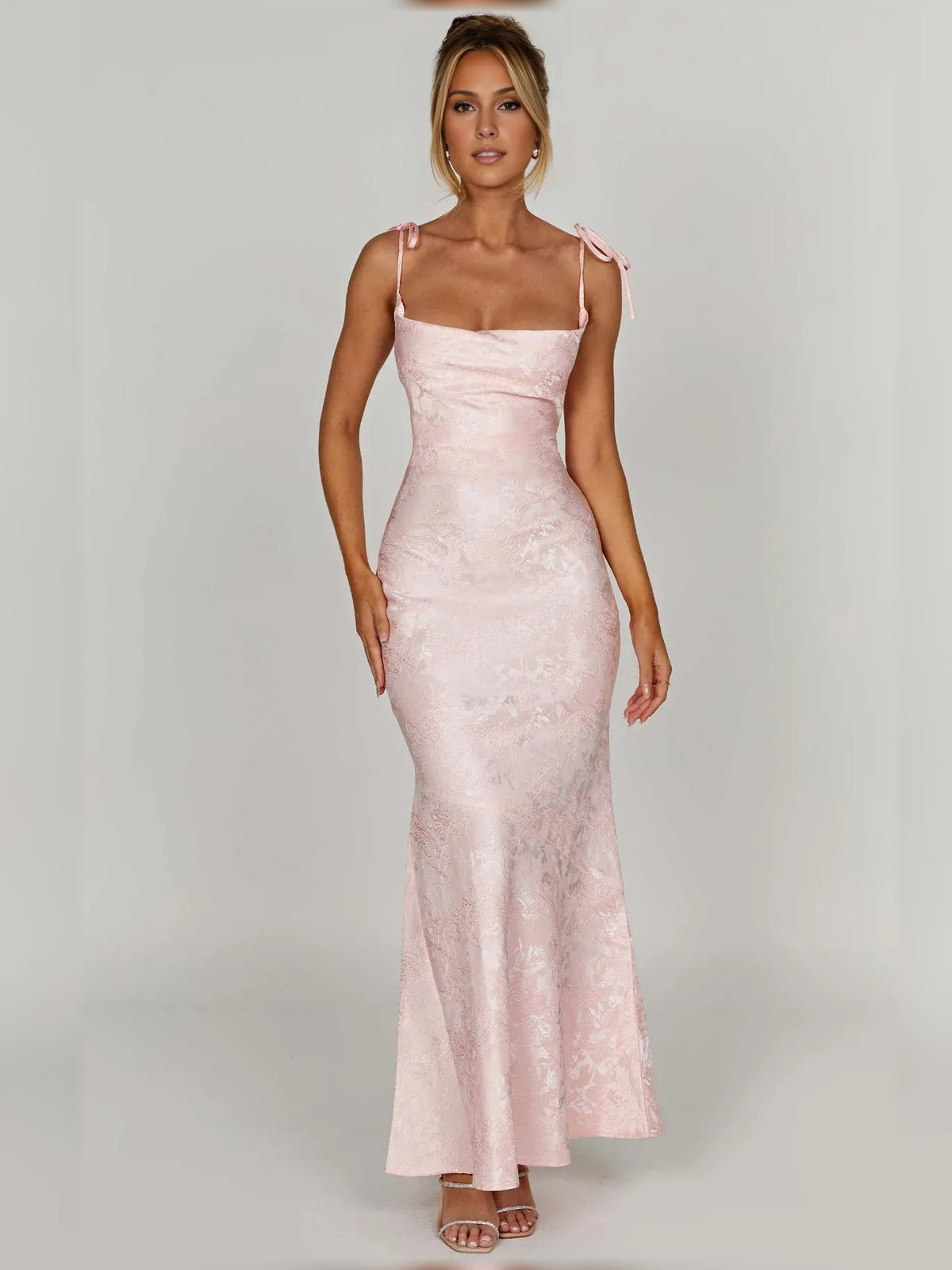 Blush pink floral lace-up back formal dress, square neckline, spaghetti straps, floor-length