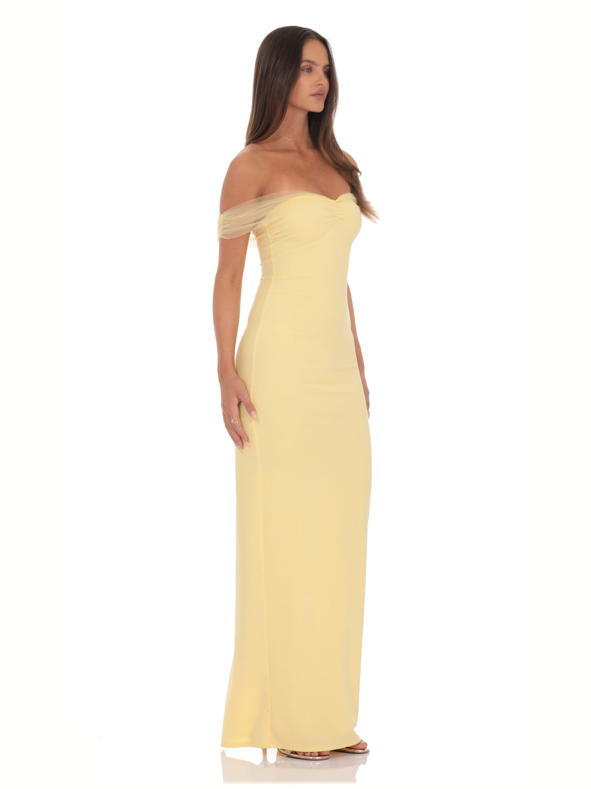 Yellow bridesmaid dress with a-line silhouette and maxi length
