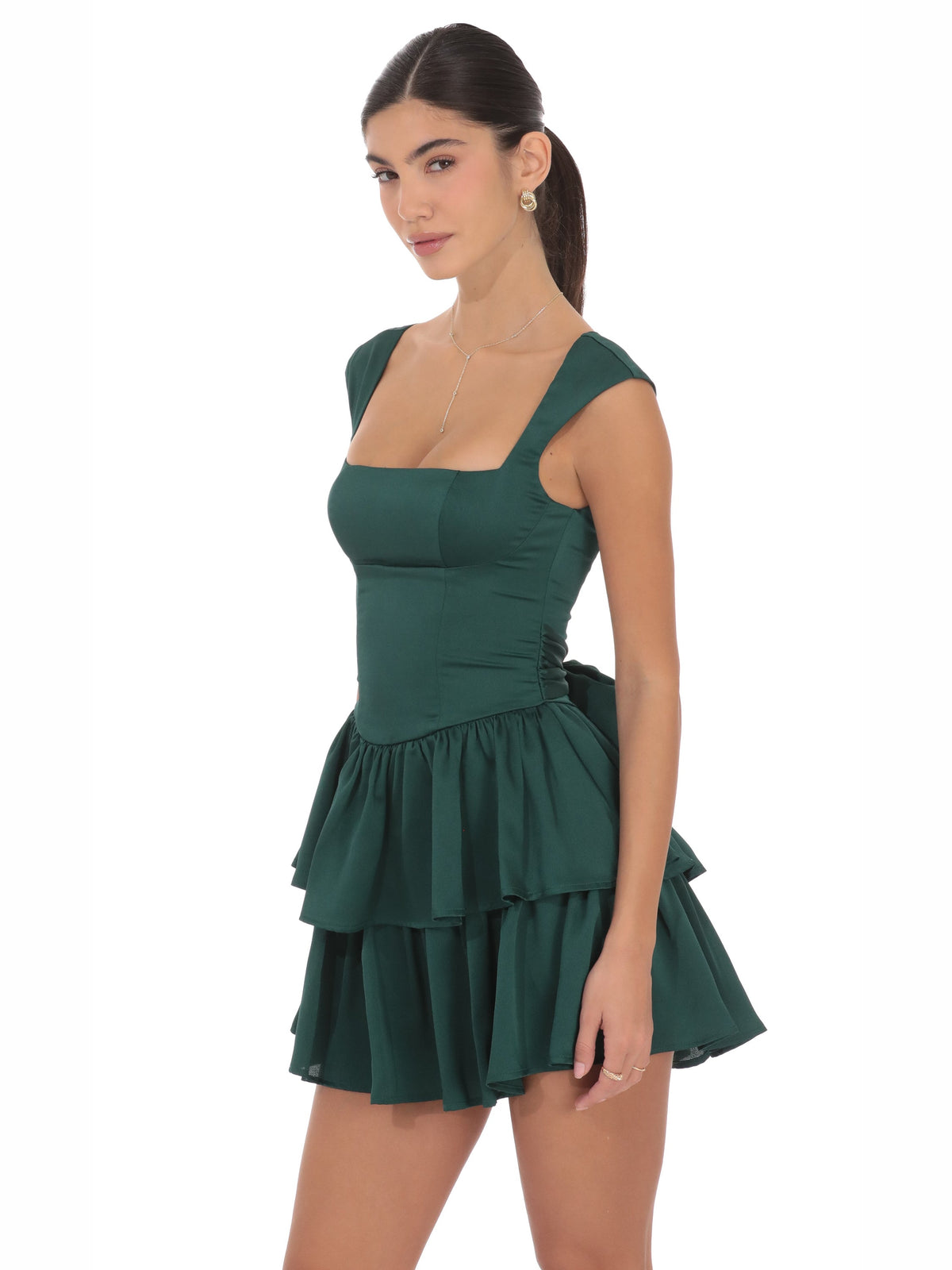 Green homecoming dress with a-line silhouette and maxi length