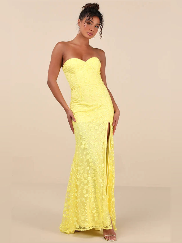 Yellow Floral mermaid maxi formal dress with sweetheart neckline, full-length front view