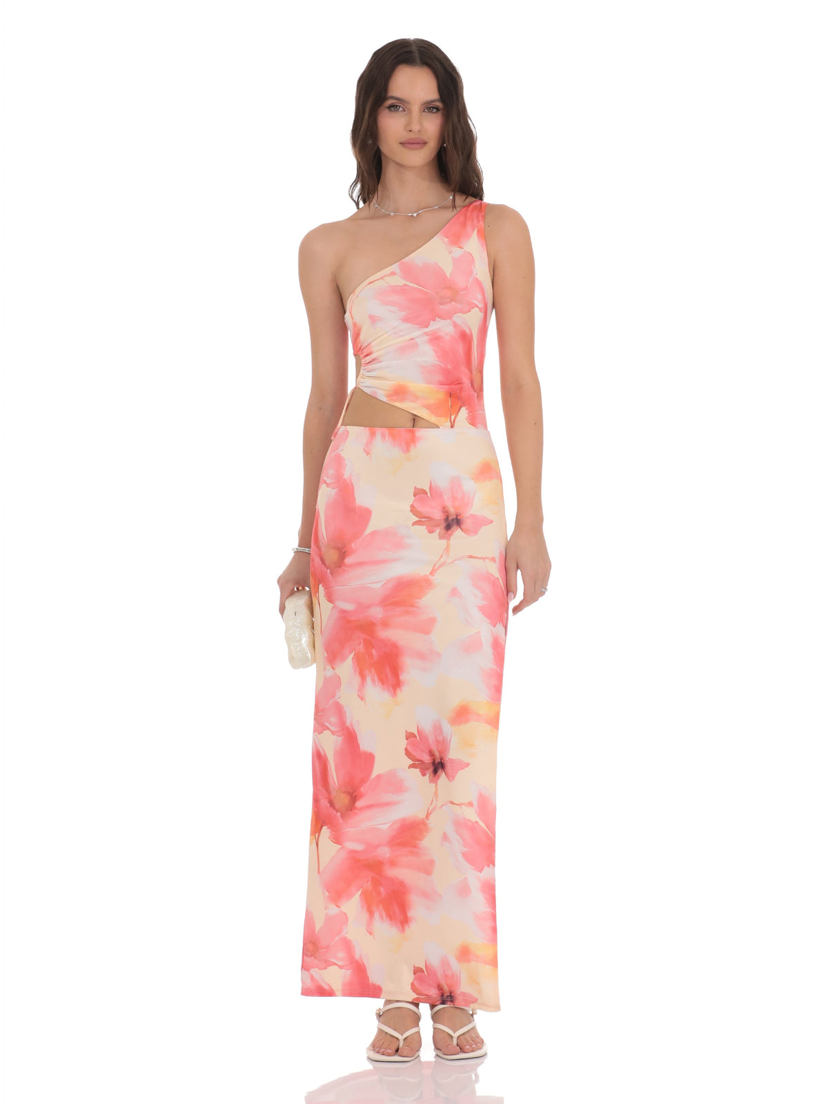 Orange bridesmaid dress with a-line silhouette and maxi length
