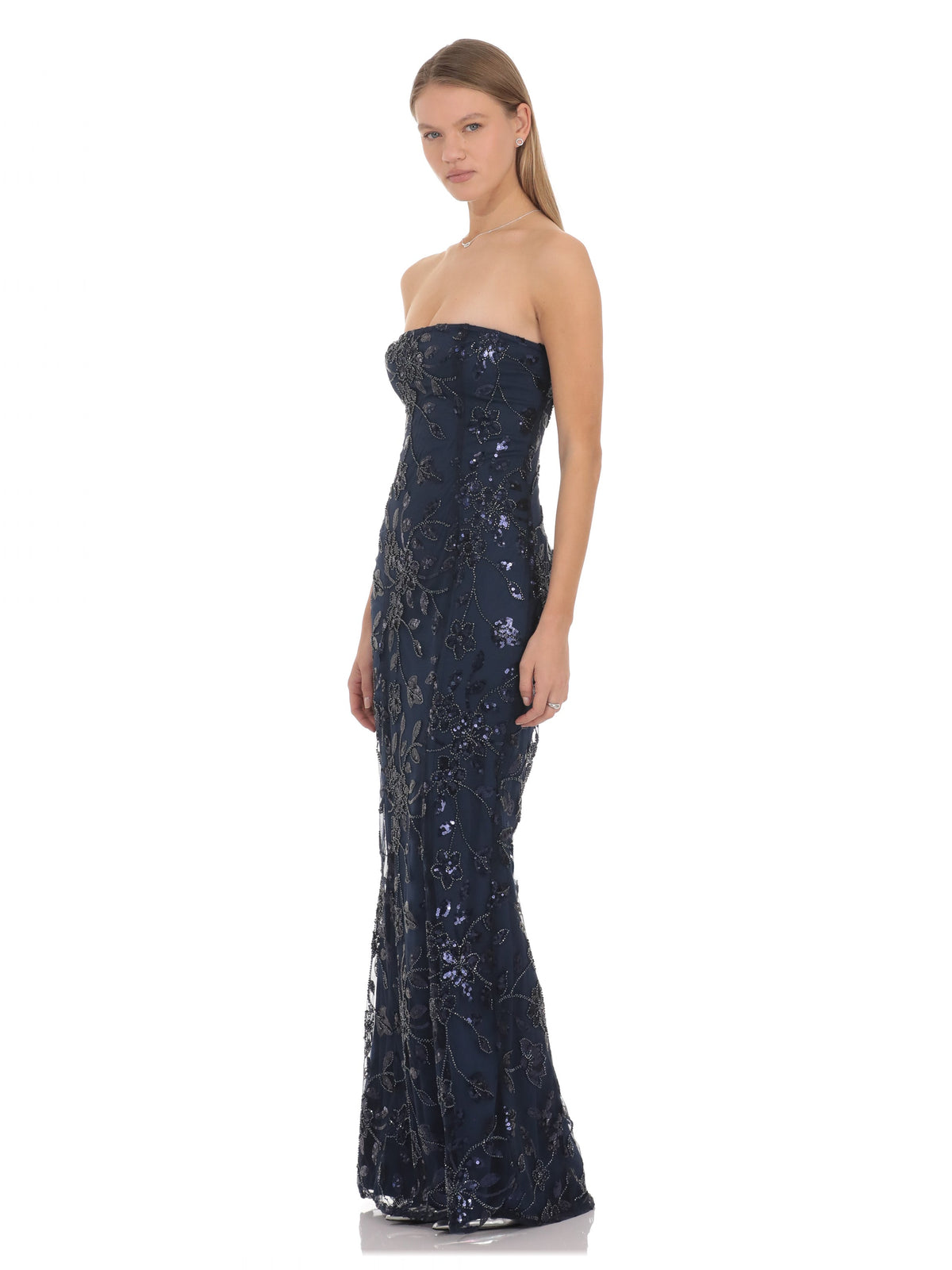 Navy bridesmaid dress with a-line silhouette and maxi length