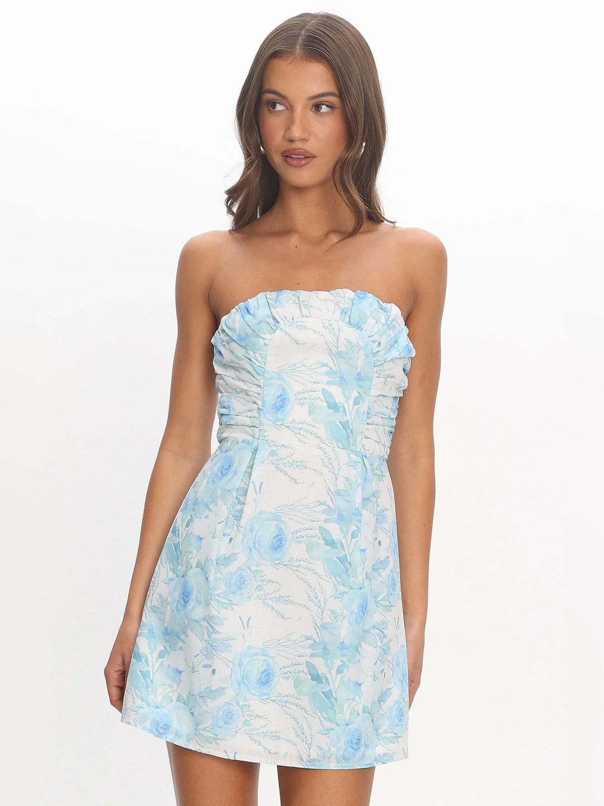 Blue floral mini homecoming dress with strapless ruffled neckline