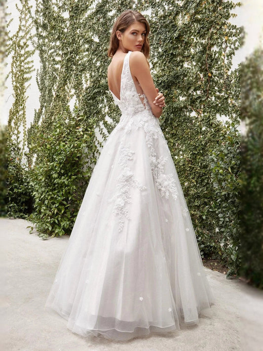 Ivory lace-applique V-neck A-line floor-length tulle wedding dress