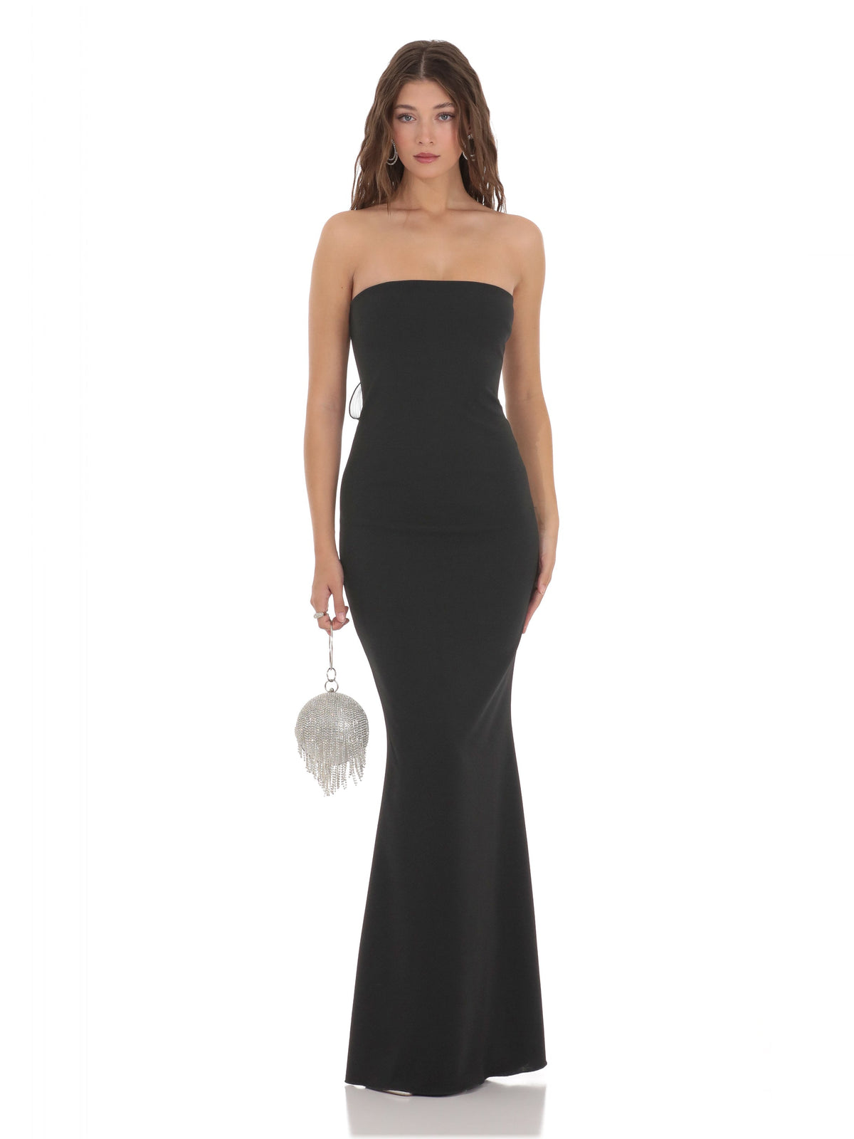 Black bridesmaid dress with a-line silhouette and maxi length