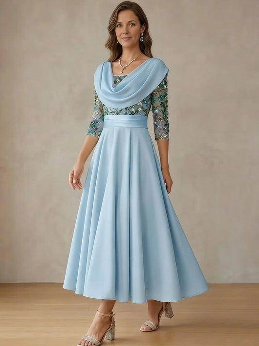Sky blue satin A-line midi dress with cowl neck and beaded floral embroidery sleeves