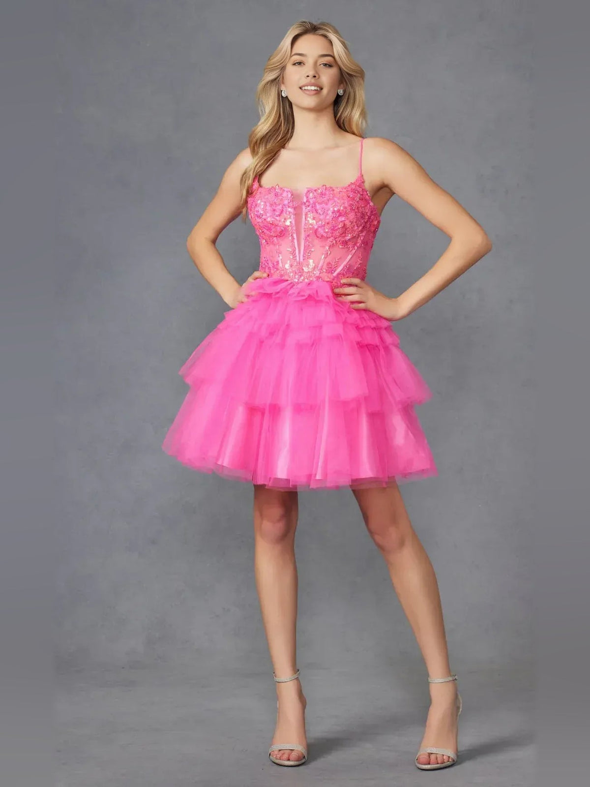 Hot pink tiered ruffle corset sweetheart A-line short tulle dress with spaghetti straps